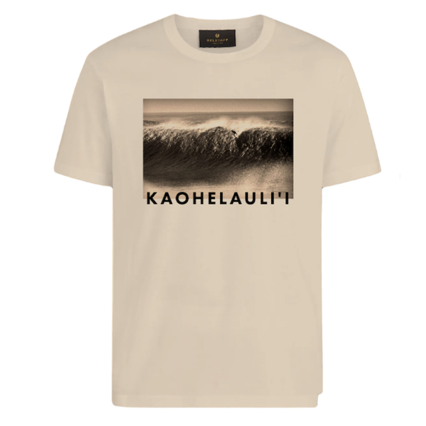 beige t-shirt wave print KAOHELAULII text