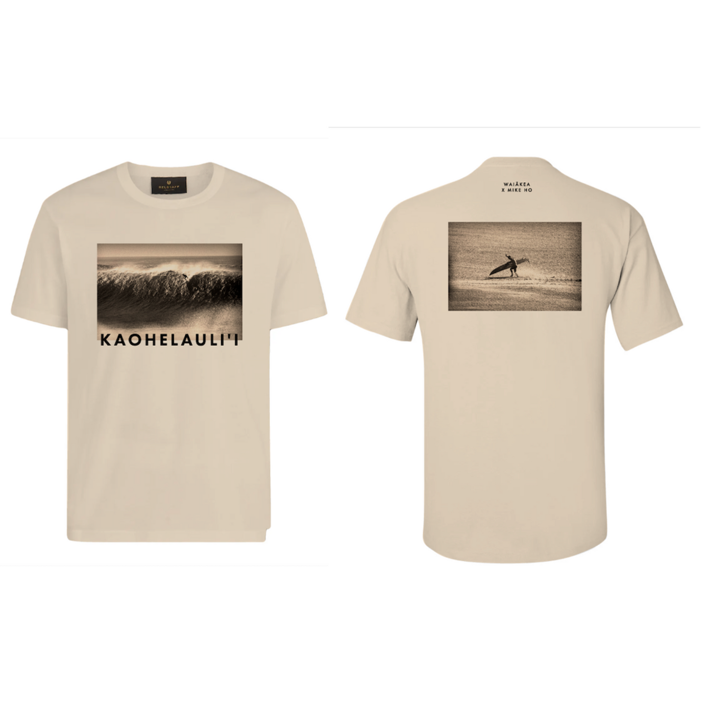 Cream t-shirt with surf wave and surfer images, Kaohelaulii text.