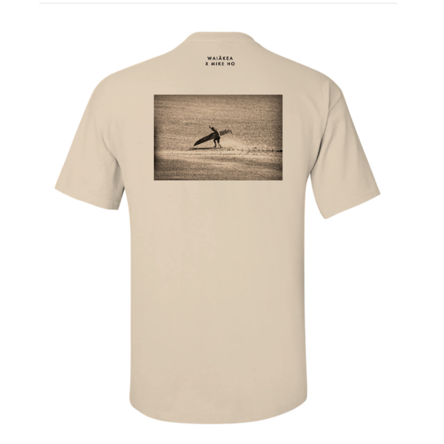 beige t-shirt with surfer design on back