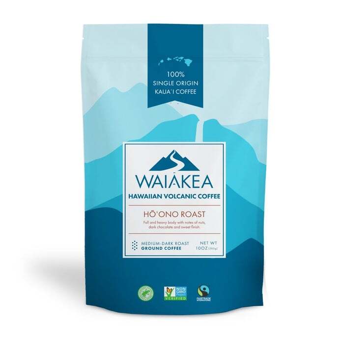 Waiakea Hawaiian volcanic coffee Ho'ono roast packaging