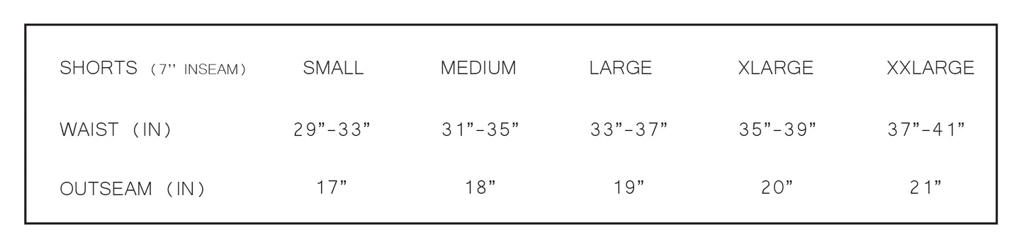 shorts size chart waist outseam measurements