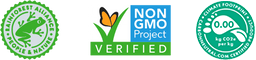 rainforest alliance logo, non gmo project verified logo, climate footprint zero logo