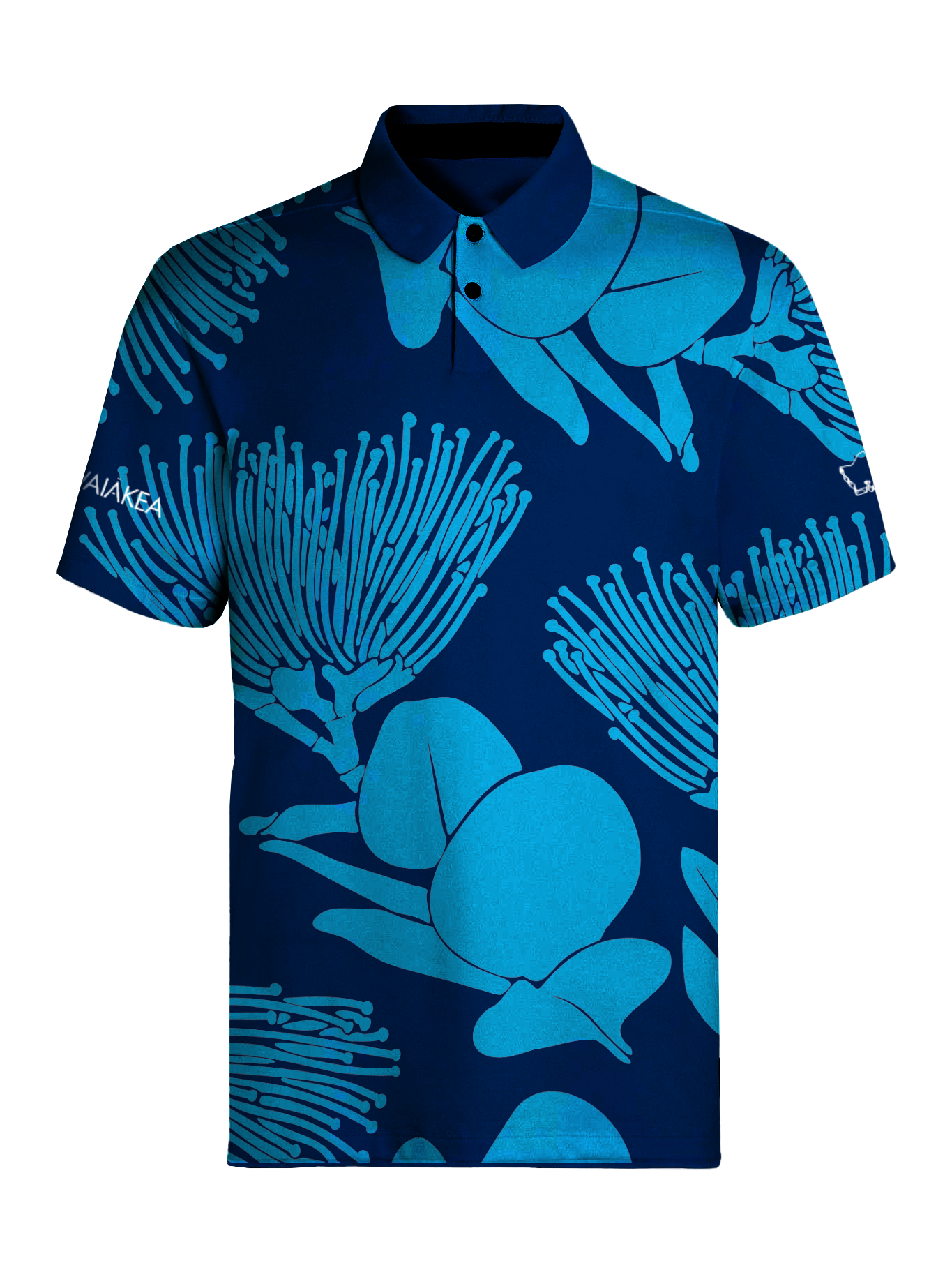 Blue floral patterned polo shirt.