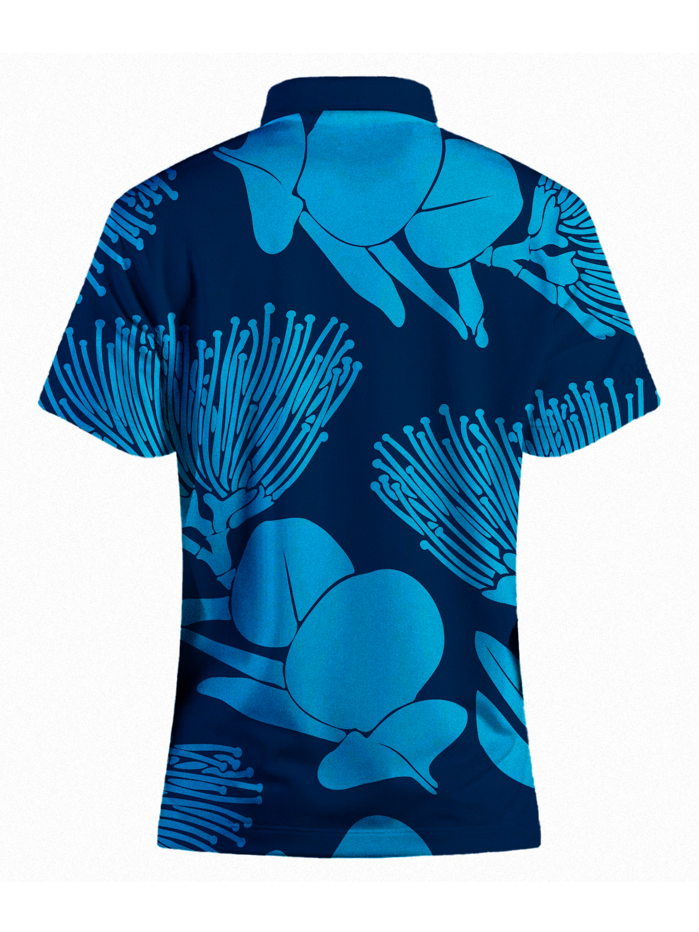blue floral print polo shirt back view