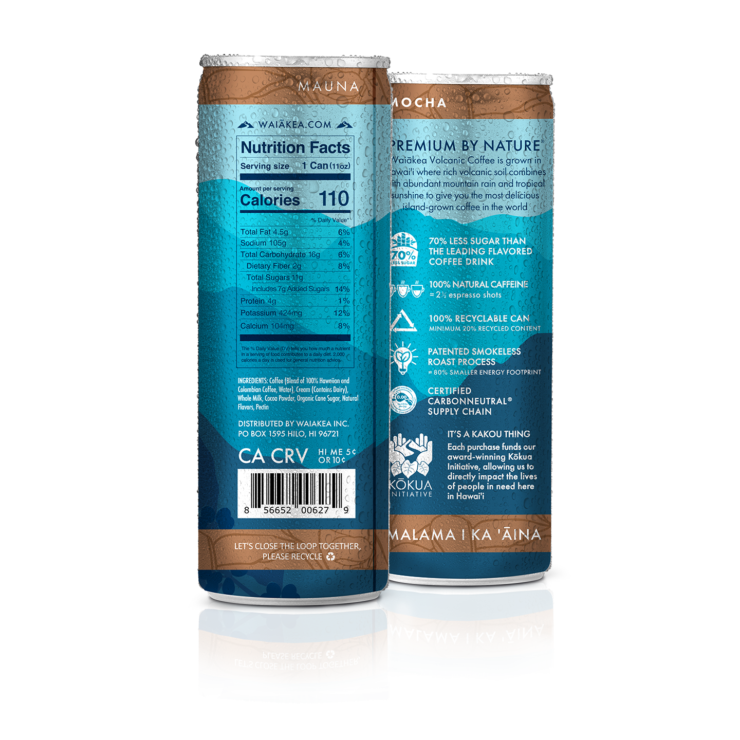 Waiakea canned coffee nutritional facts packaging back