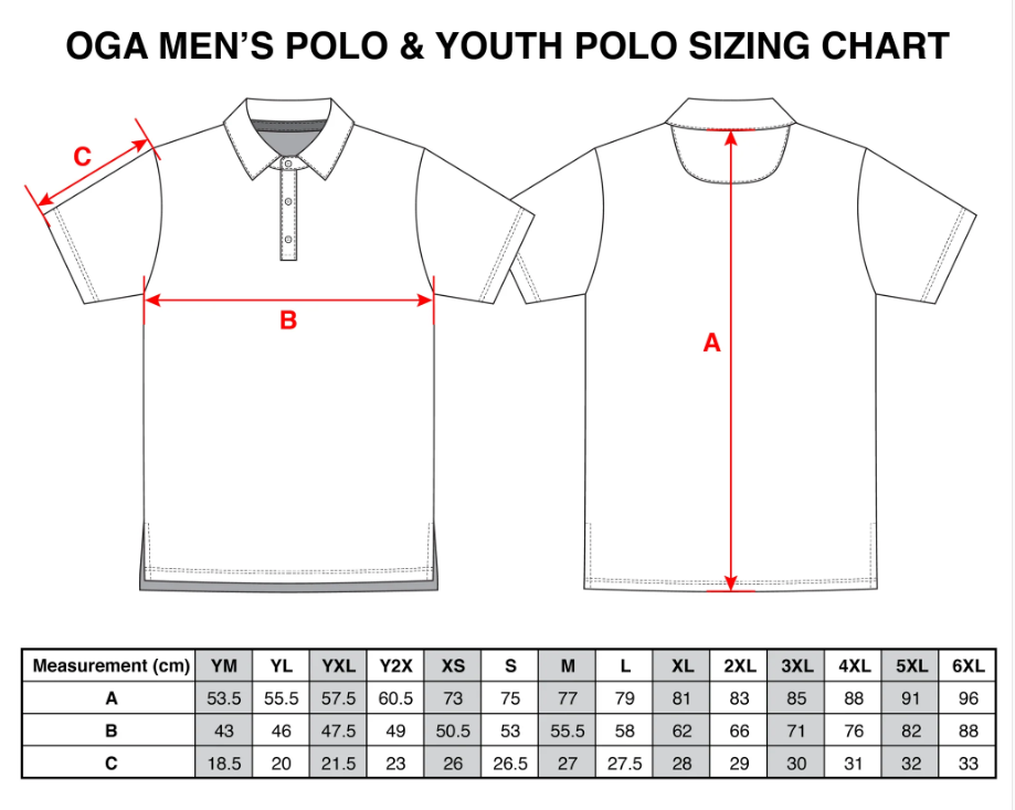 oga men's youth polo sizing chart measurements