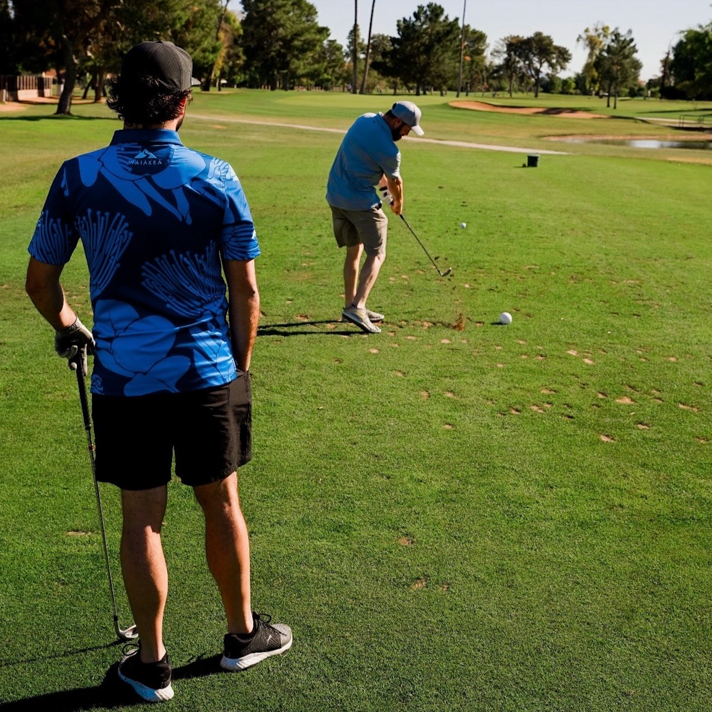 Two golfers on a sunny golf course.