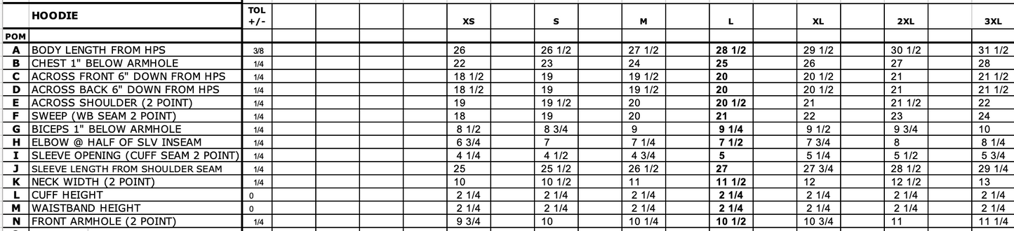 hoodie size chart measurements template