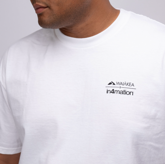 Waiakea x In4mation on the front of a white shirt