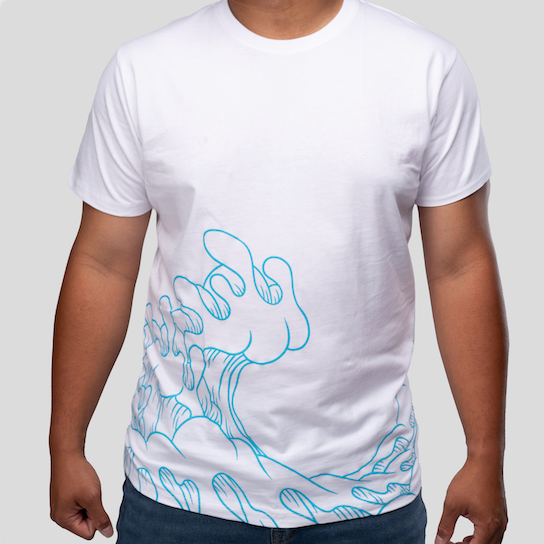 white t-shirt with blue wave design