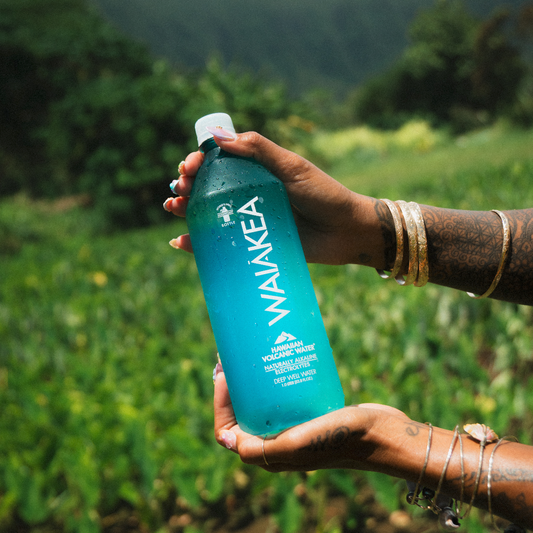 Hand holding a Waiakea water bottle with a natural landscape in the background