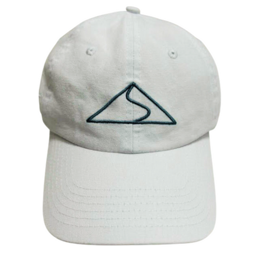 white cap with geometric logo embroidery