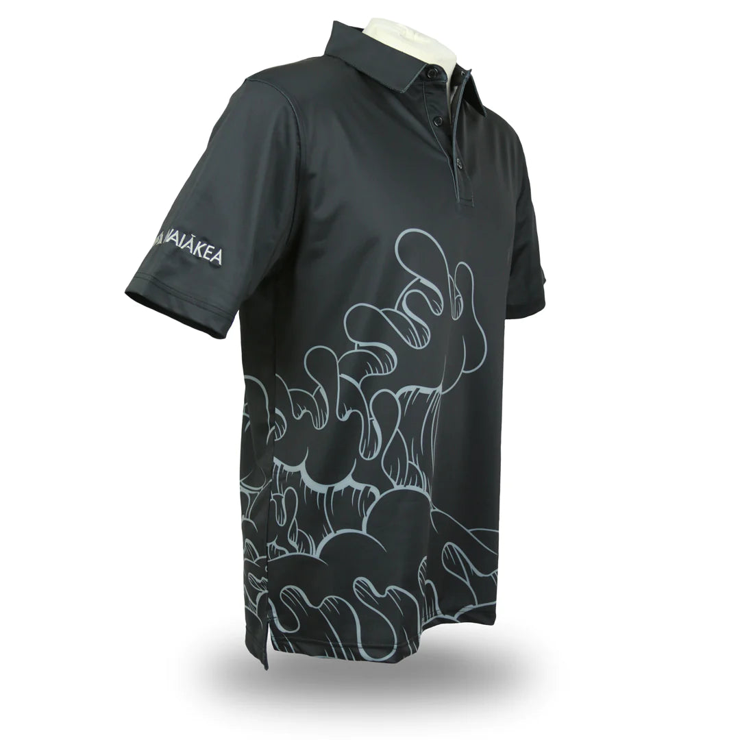 Black polo shirt with wave design.