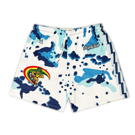 blue splatter design shorts with surfer graphic