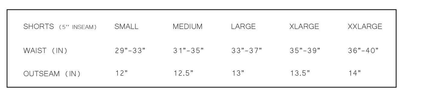 shorts size chart waist outseam