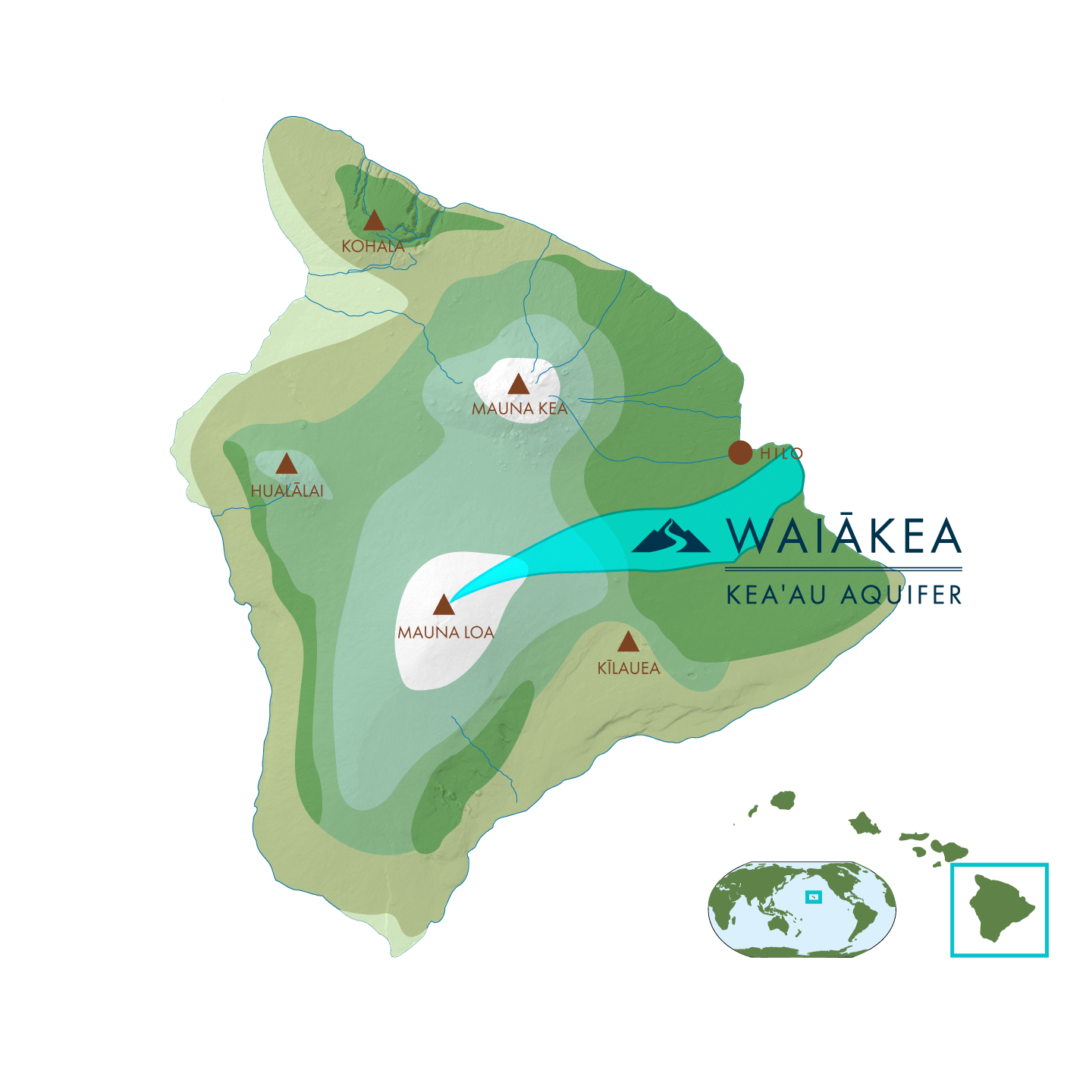 Big Island map showing Waiākea aquifer and volcanoes.