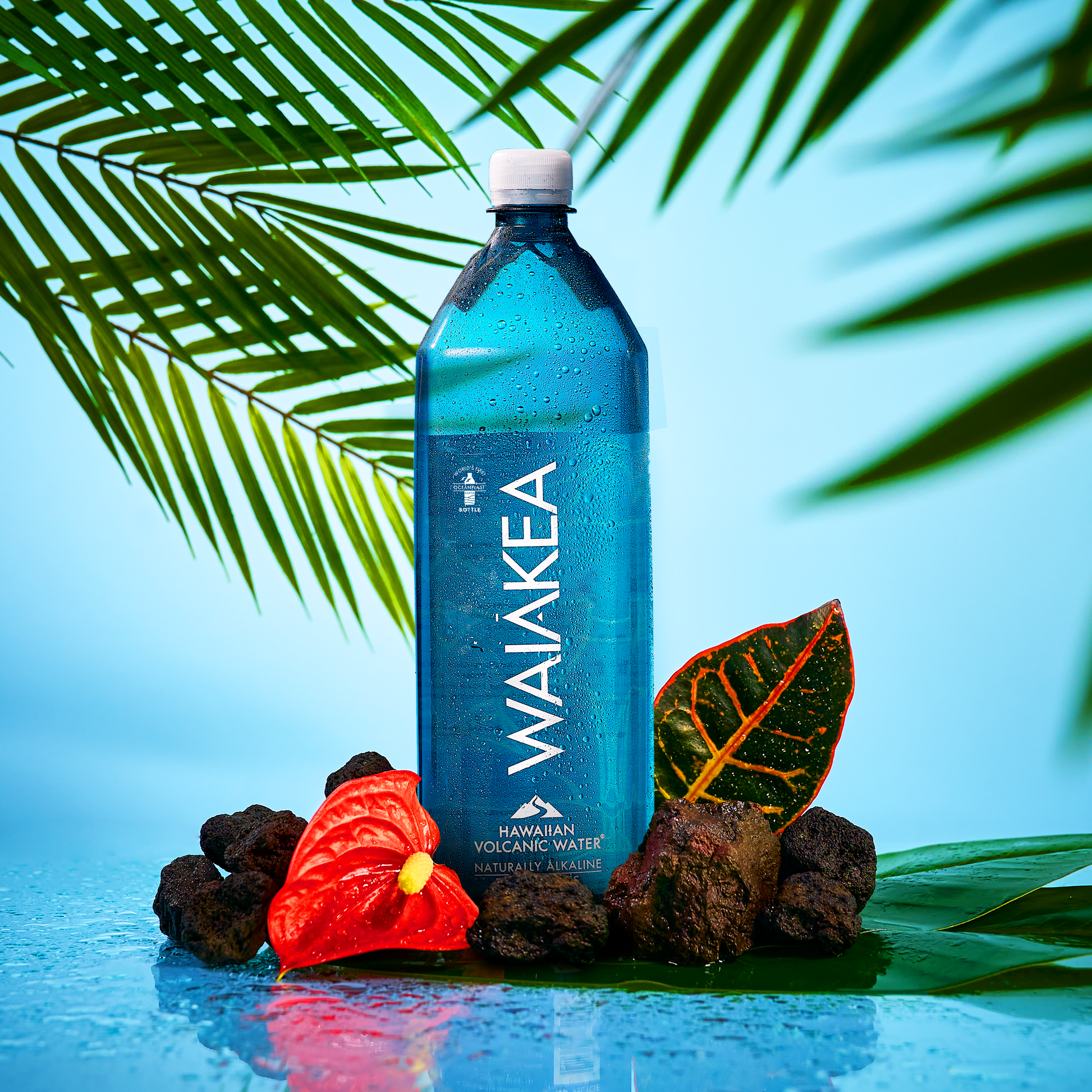 Waiakea Hawaiian volcanic water bottle with tropical leaves and lava rocks