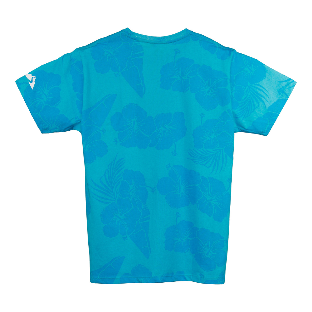 blue tropical floral pattern t-shirt backside