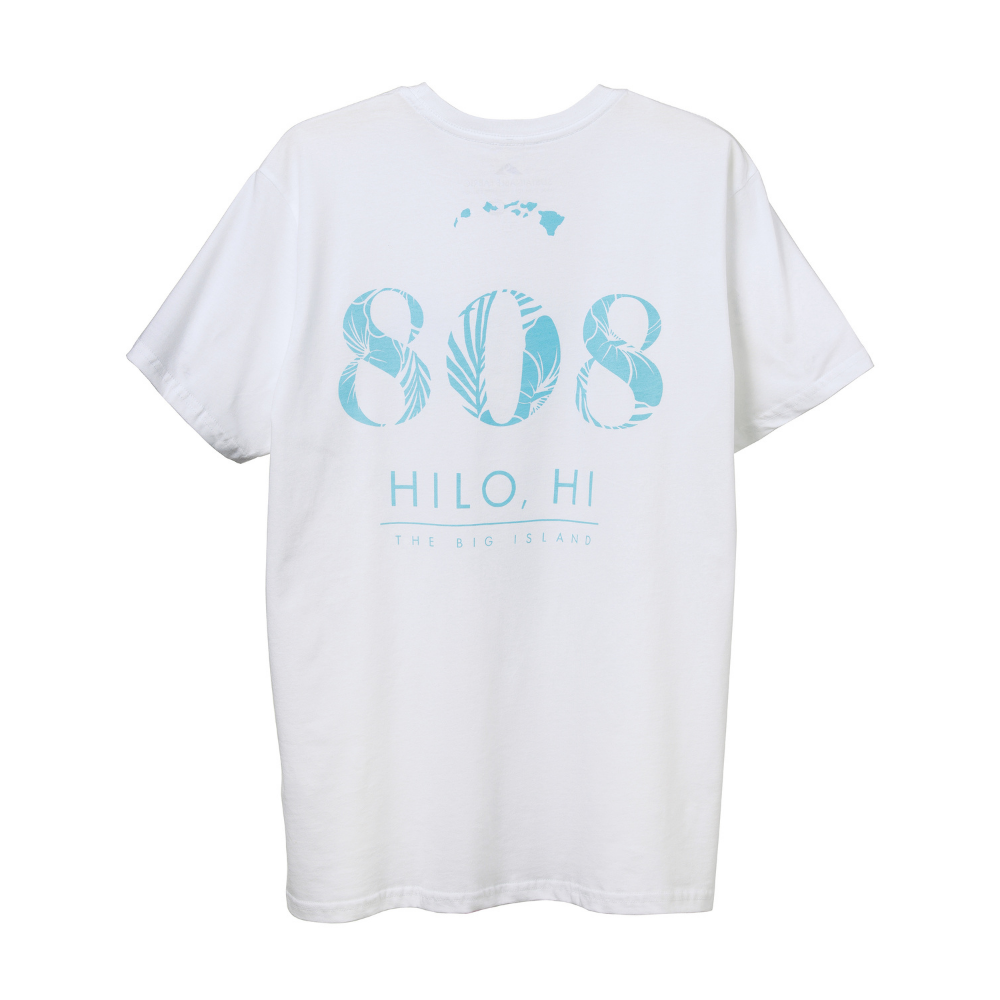 White t-shirt with 808 Hilo HI The Big Island design.