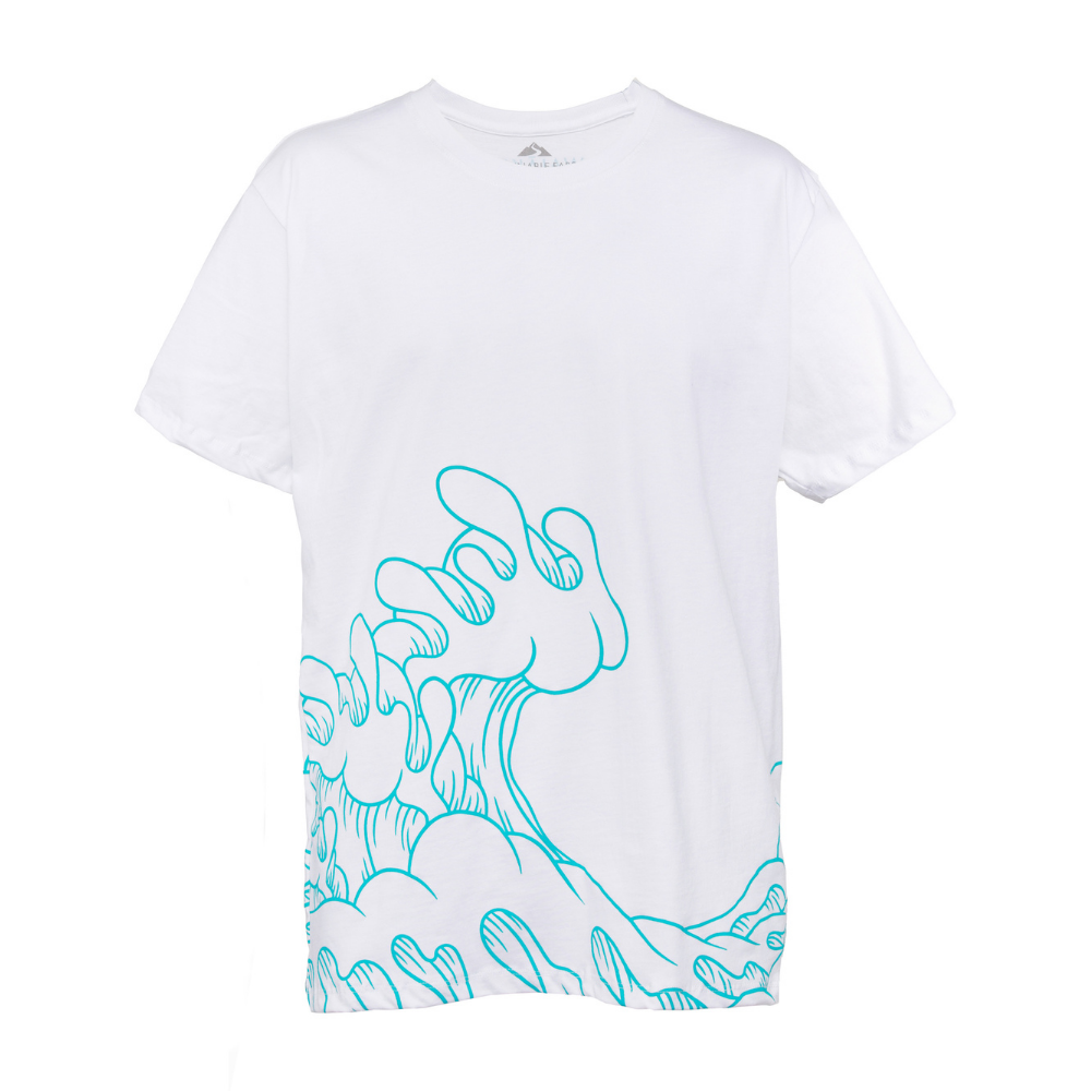 white t-shirt with blue wave design