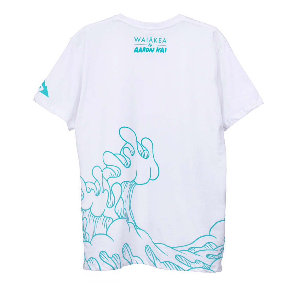 "white t-shirt blue wave graphic design back"