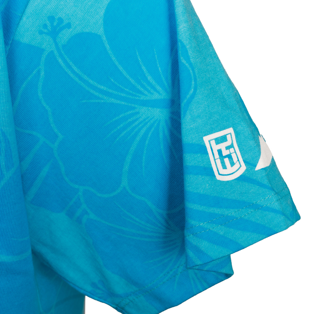 Blue floral patterned fabric with logo.