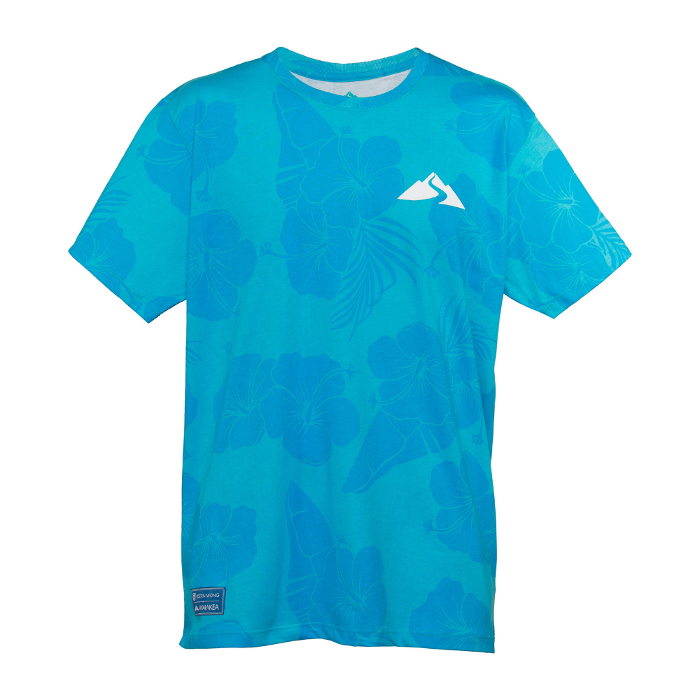 Blue floral pattern t-shirt.