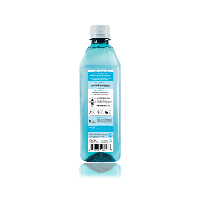 Recycled plastic water bottle with blue label and cap.