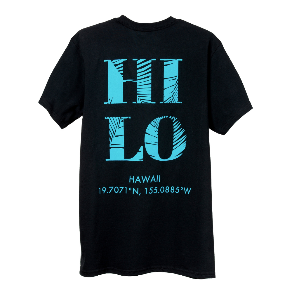 Black t-shirt with "Hilo Hawaii" and coordinates in blue text.