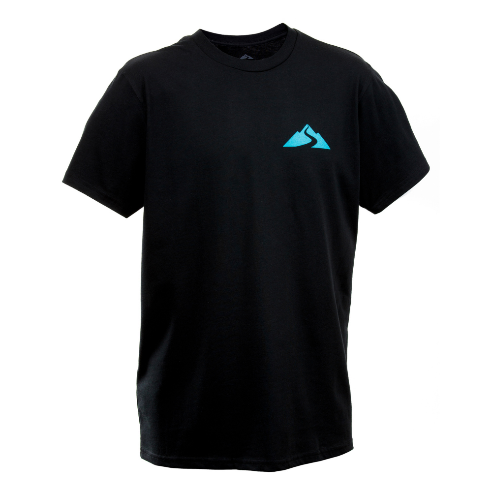 black t-shirt with blue mountain logo
