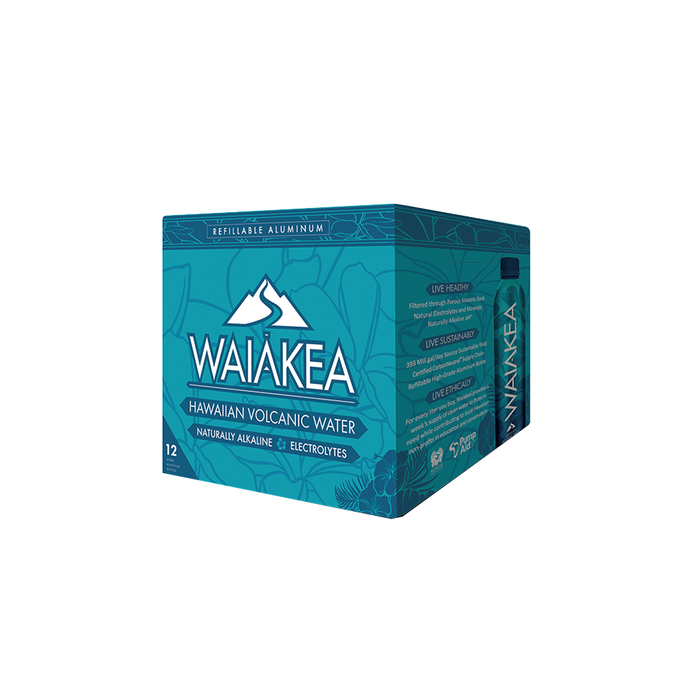 Waiakea Hawaiian volcanic water box packaging