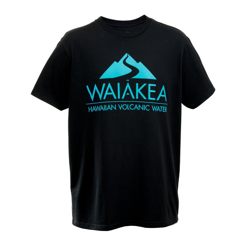 Black t-shirt with Waiakea Hawaiian Volcanic Water logo