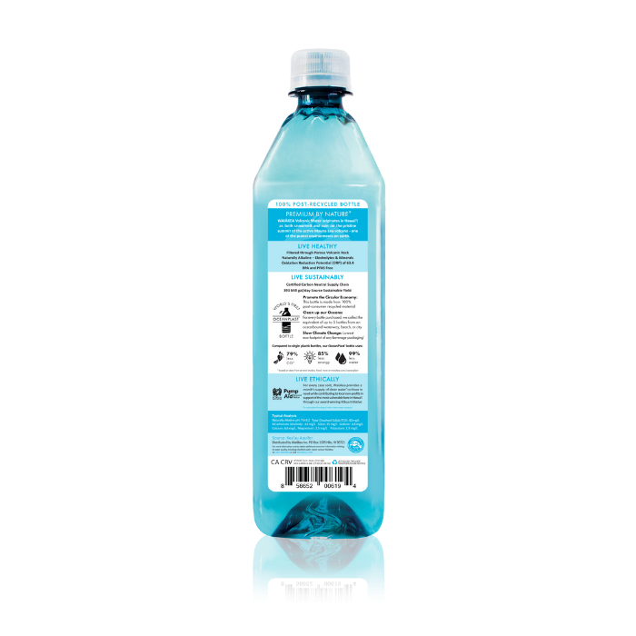 Reusable water bottle labeled 100% recycled packaging