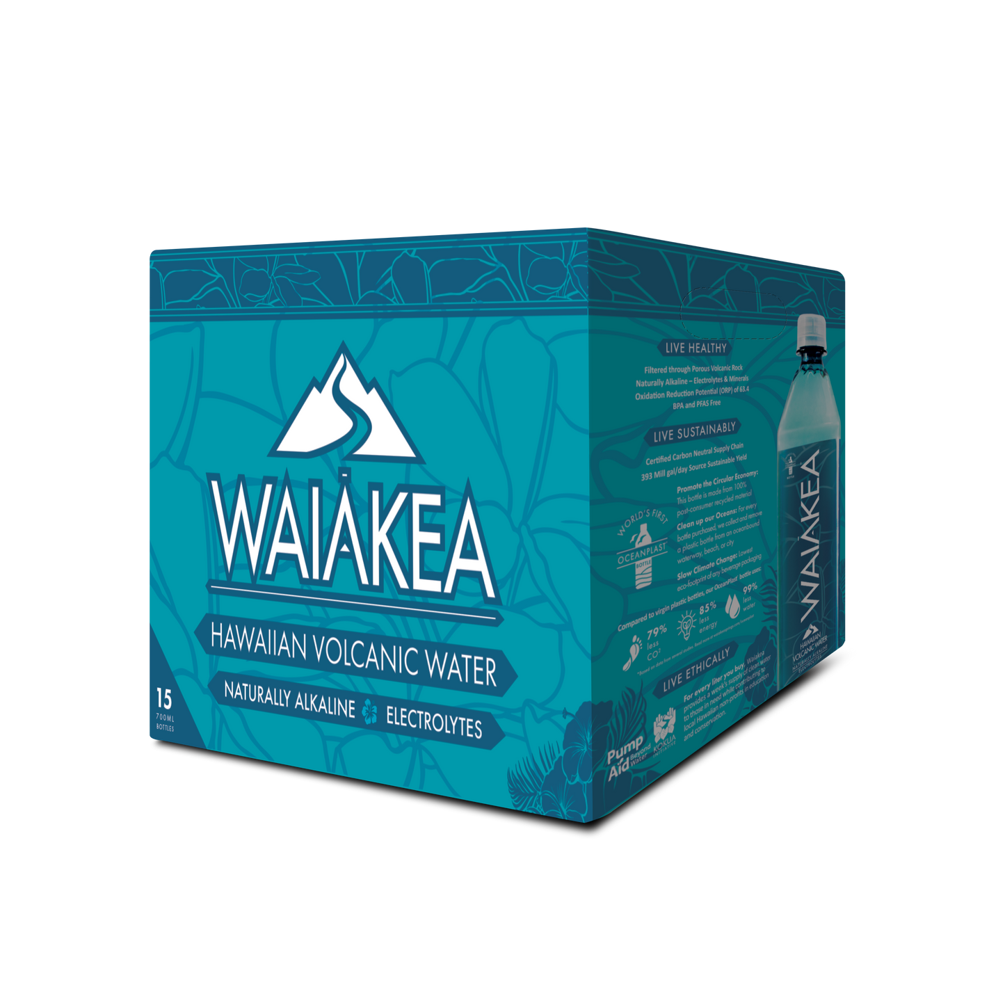 Waiakea Hawaiian volcanic water box packaging
