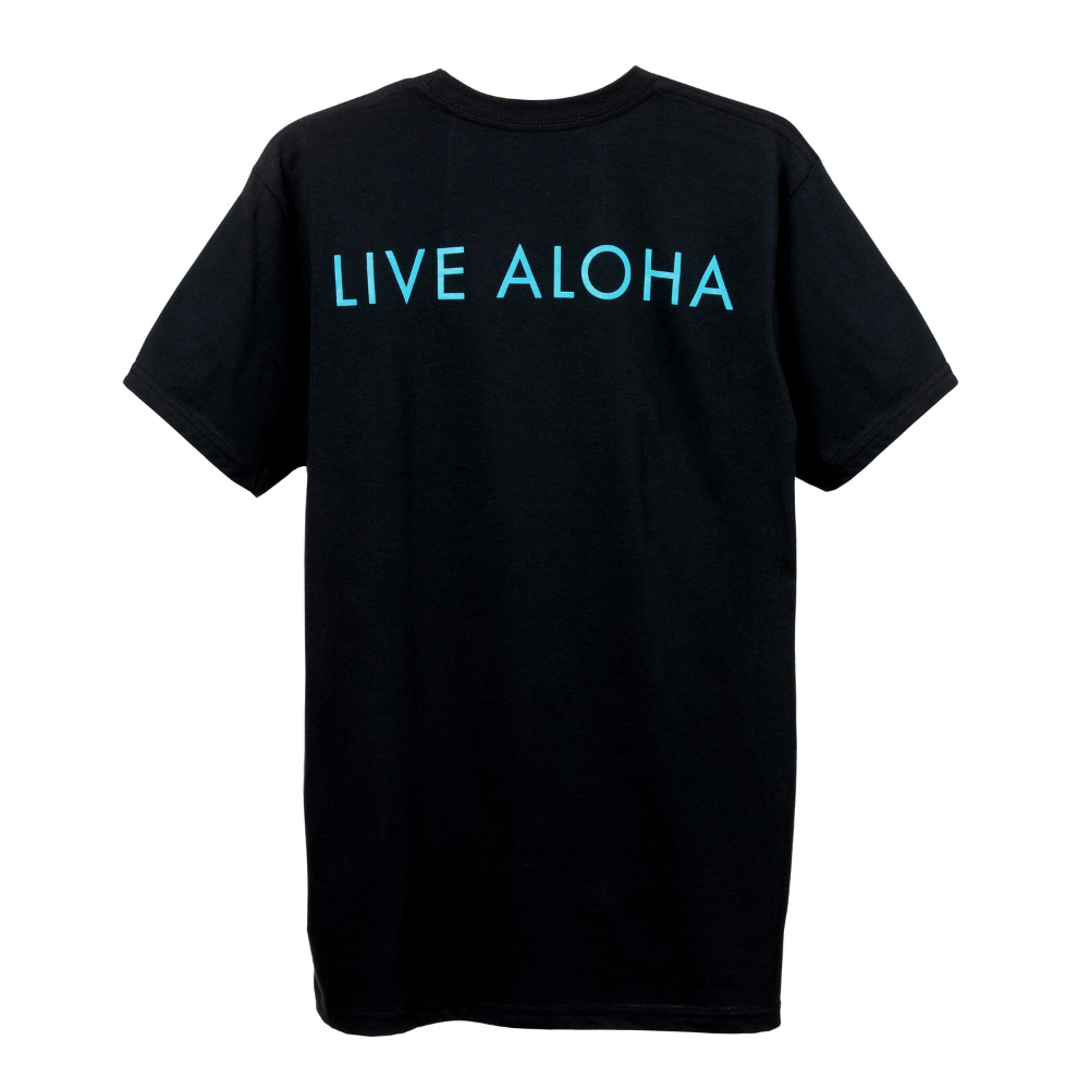 black t-shirt live aloha text