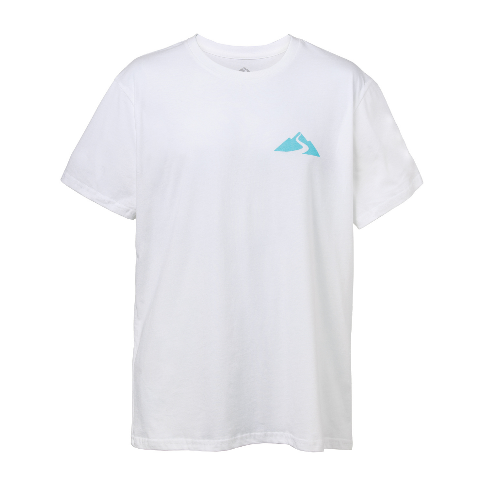 white t-shirt with blue mountain logo