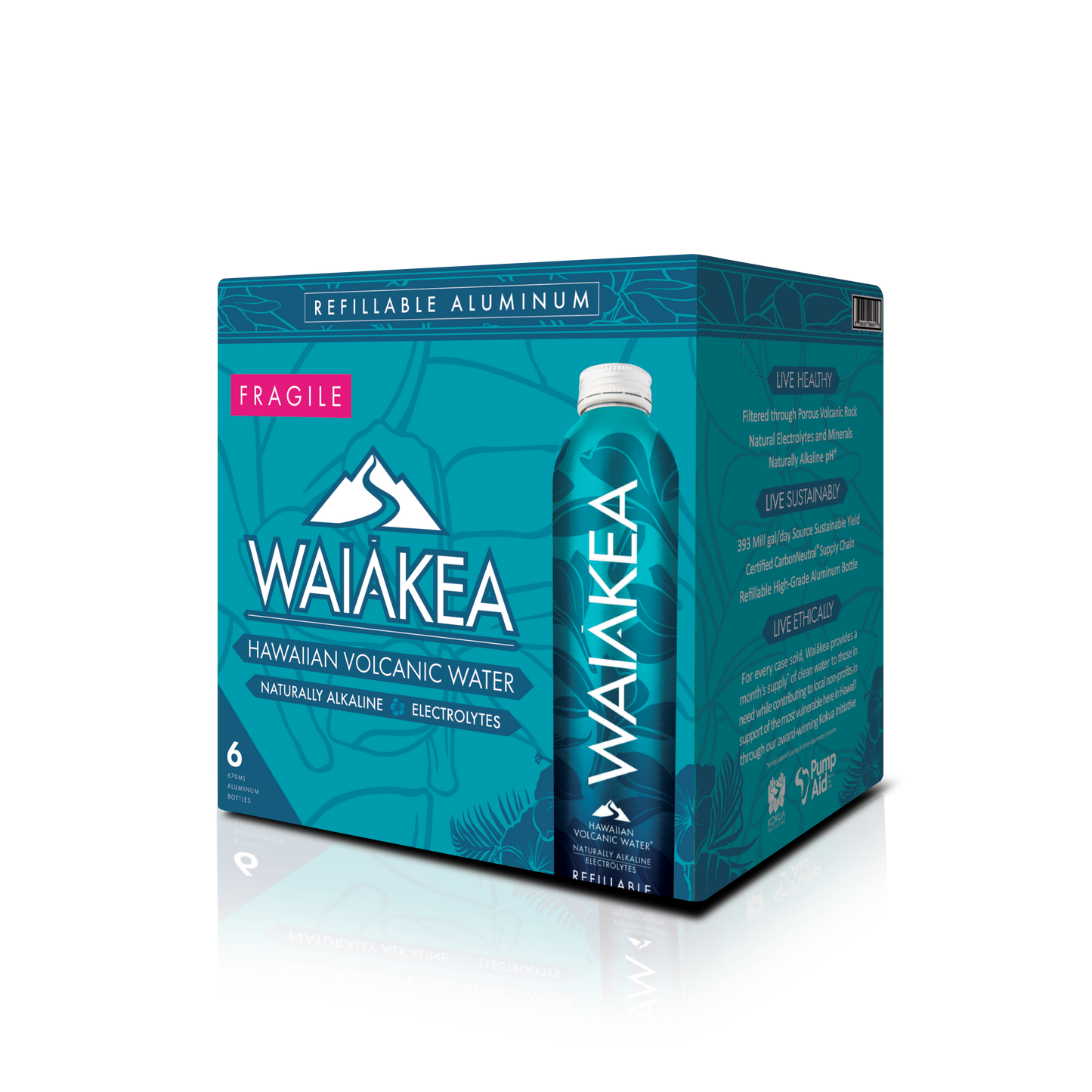 "waiakea hawaiian volcanic water aluminum bottle packaging"