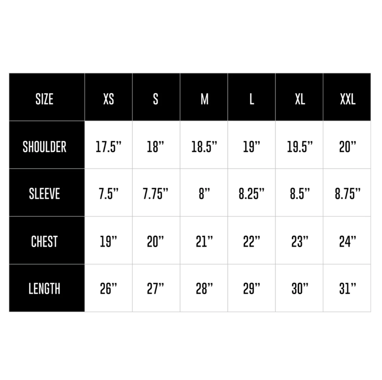 t-shirt size chart shoulder sleeve chest length measurements