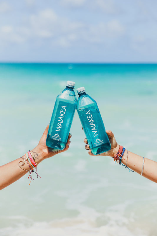 Two people with Waiakea bottles on the shore