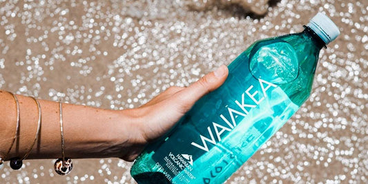 Person holding a bottle of Waiakea water over the incoming tide