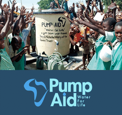 Pump Aid promotional poster with one of its pumps in the background