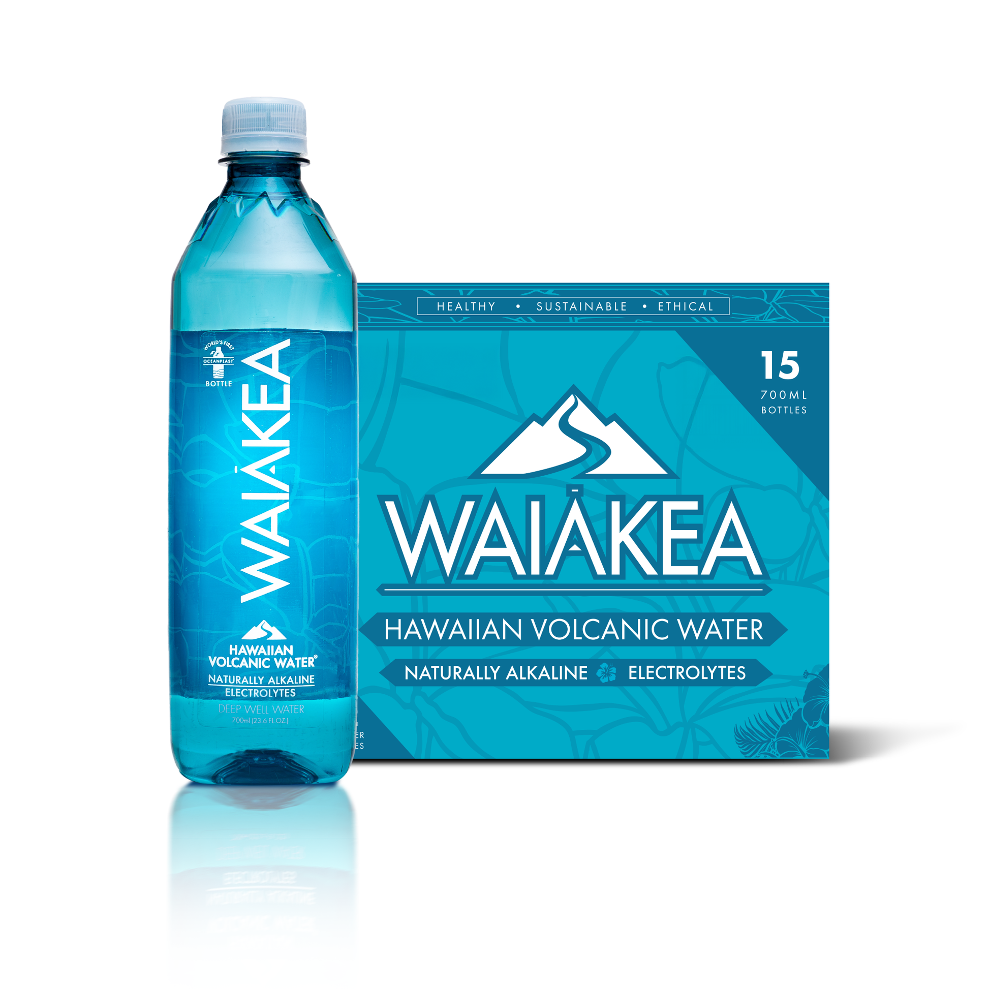 Waiakea Hawaiian Volcanic Water bottle and packaging on a white background