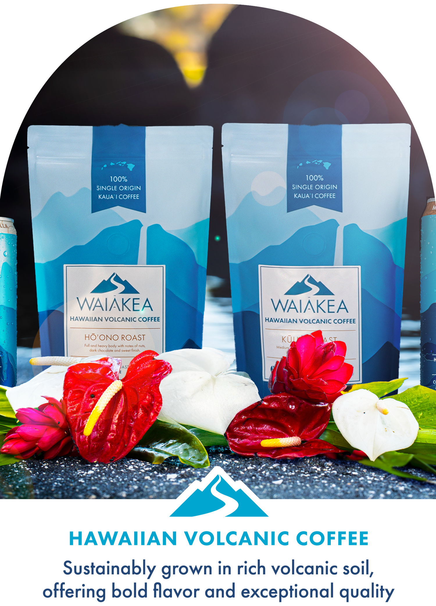 Waiakea Hawaiian volcanic coffee packages with tropical flowers