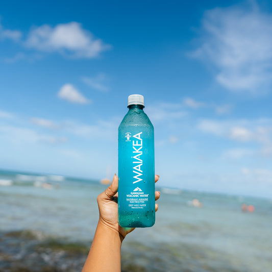 Person holding a Waiakea water bottle with a beach and ocean in the background