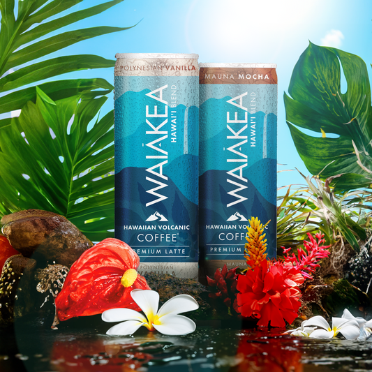 Waiakea Hawaiian volcanic coffee cans tropical scenery