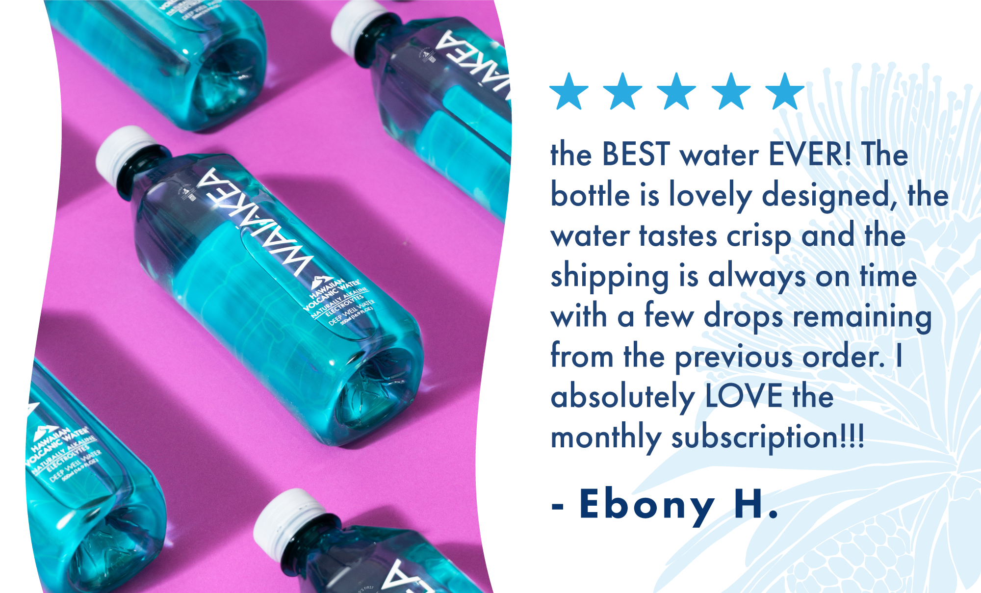 bottles of Waiakea water on pink background with customer review