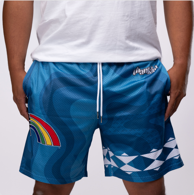 blue geometric shorts rainbow pattern