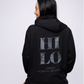 black hoodie with HILO on the back