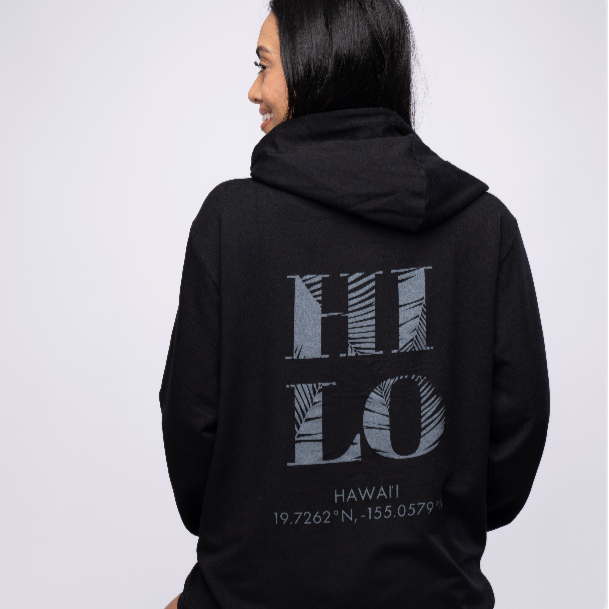 black hoodie with HILO on the back