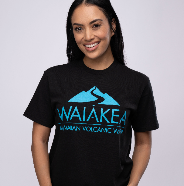 Black t-shirt with Waiakea Hawaiian Volcanic Water logo